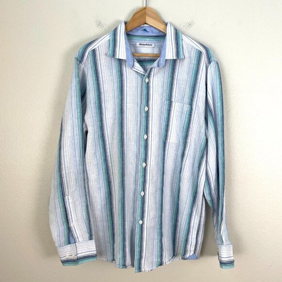 Tommy Bahama Mens Large Stripe Linen Blend Button Up Shirt Long Sleeve Top - Picture 1 of 10